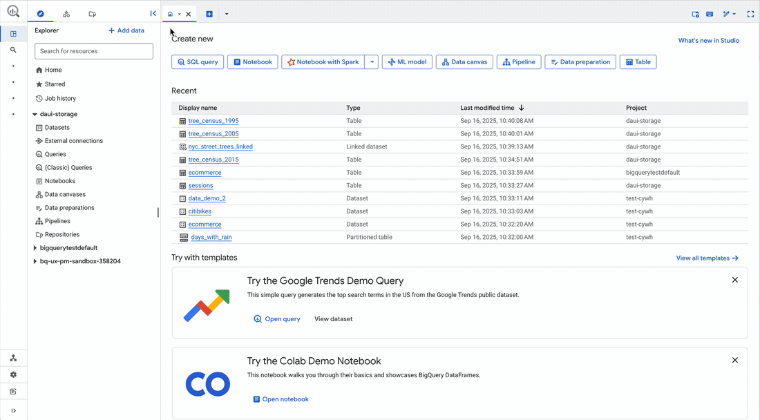 BigQuery Studio — searching and filtering across resources in the redesigned Explorer
