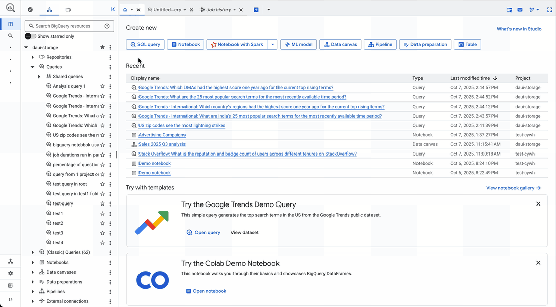 Job history in its own dedicated tab off the Explorer, giving jobs a bigger view and leaving a cleaner, editor-first workspace