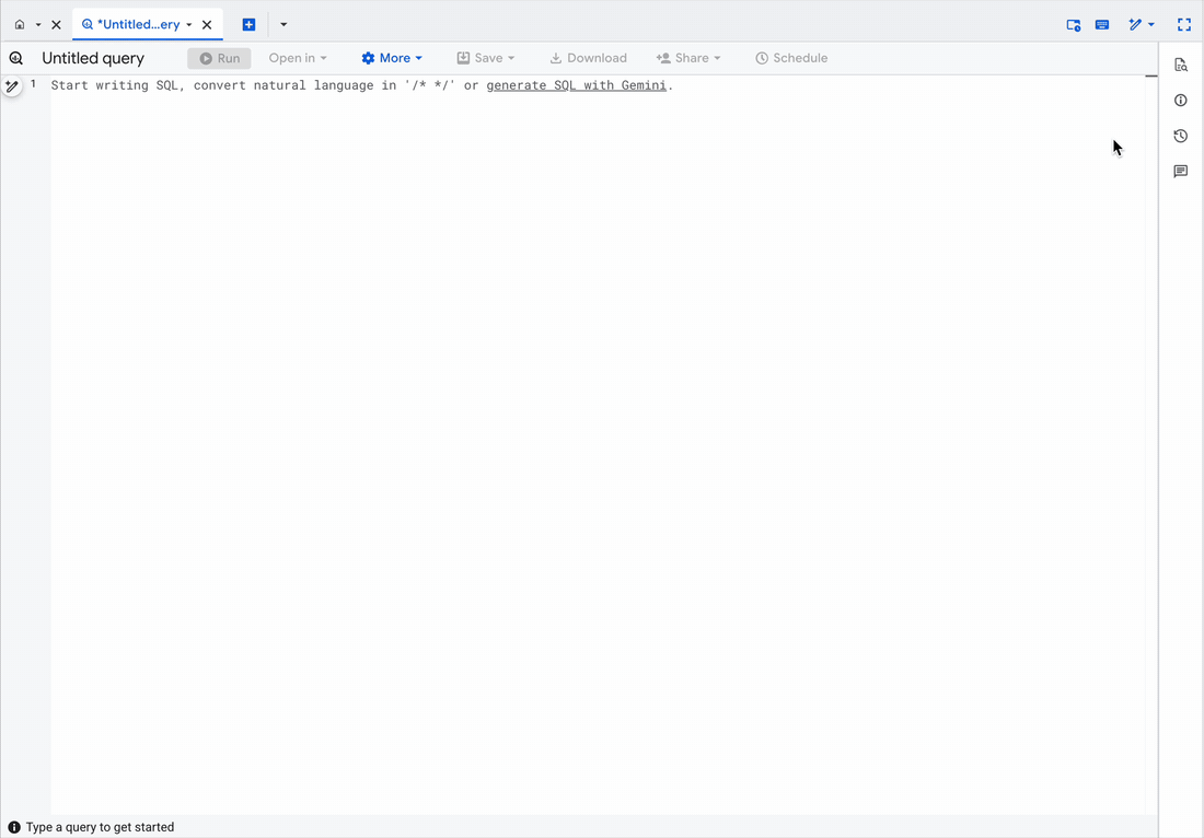 The reference panel beside the SQL editor — table and schema details surfacing as the user types, with click-to-insert field names and query snippets