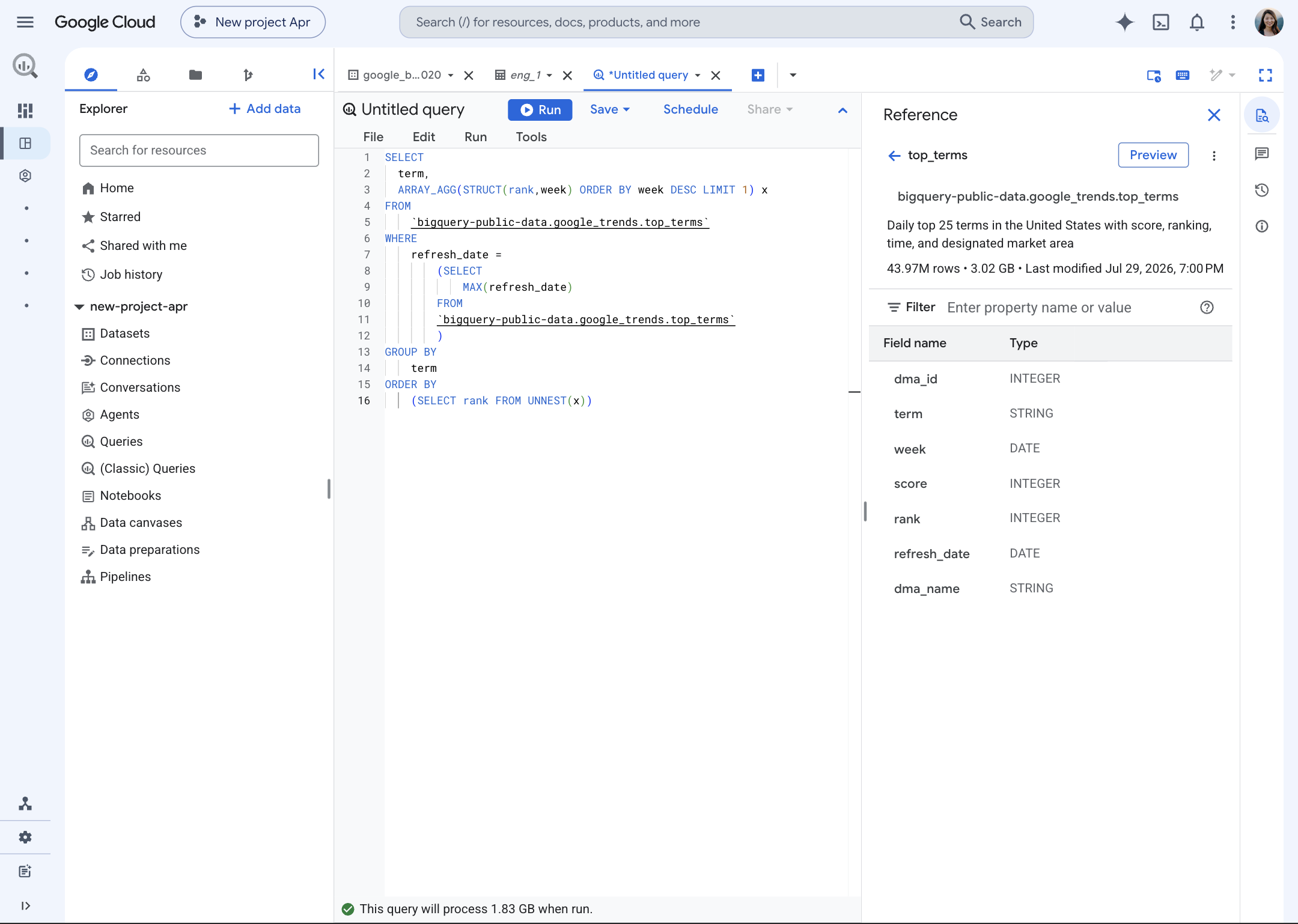 BigQuery Studio — the Explorer, SQL editor and reference panel side by side in the Google Cloud console