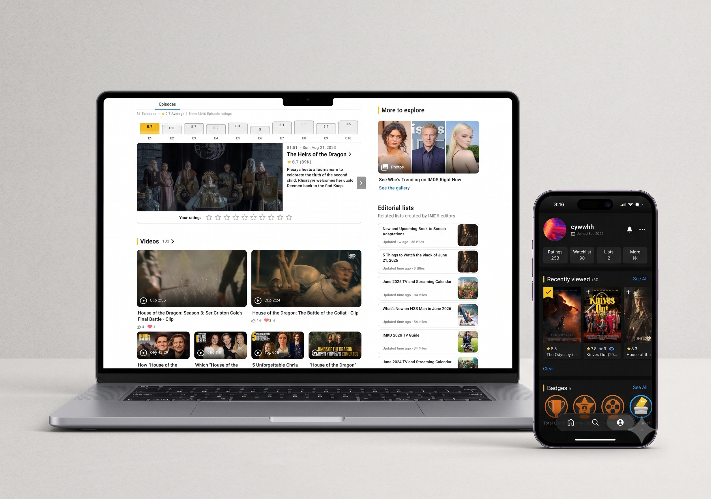 IMDb on laptop and phone — the episode ratings strip and video gallery for a series beside a member profile showing ratings, watchlist and badges