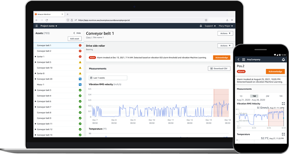 Amazon Monitron on laptop and phone — an asset list with alarm states beside vibration and temperature measurements for a conveyor belt