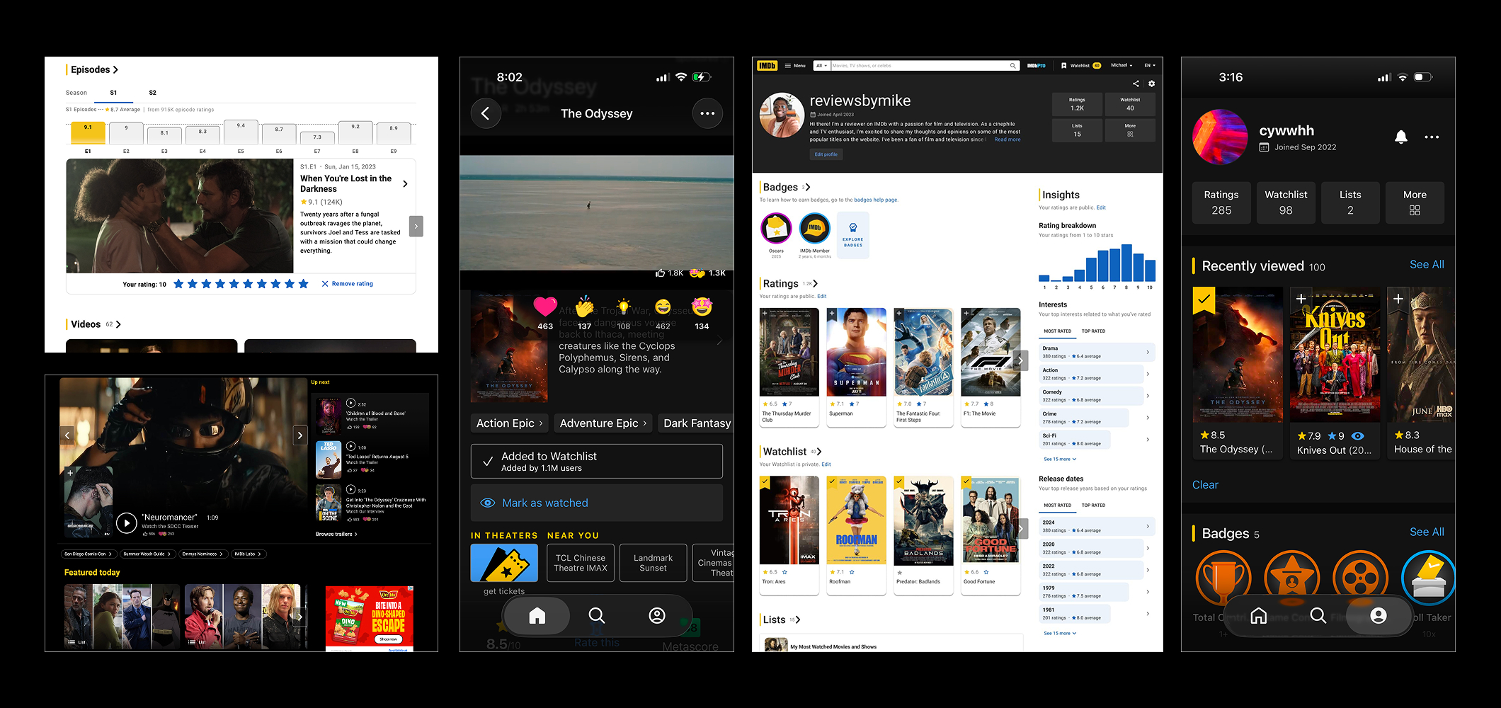 The three experiences side by side — episode ratings and the video player on responsive web, video reactions on the mobile app, and the member profile on both web and mobile