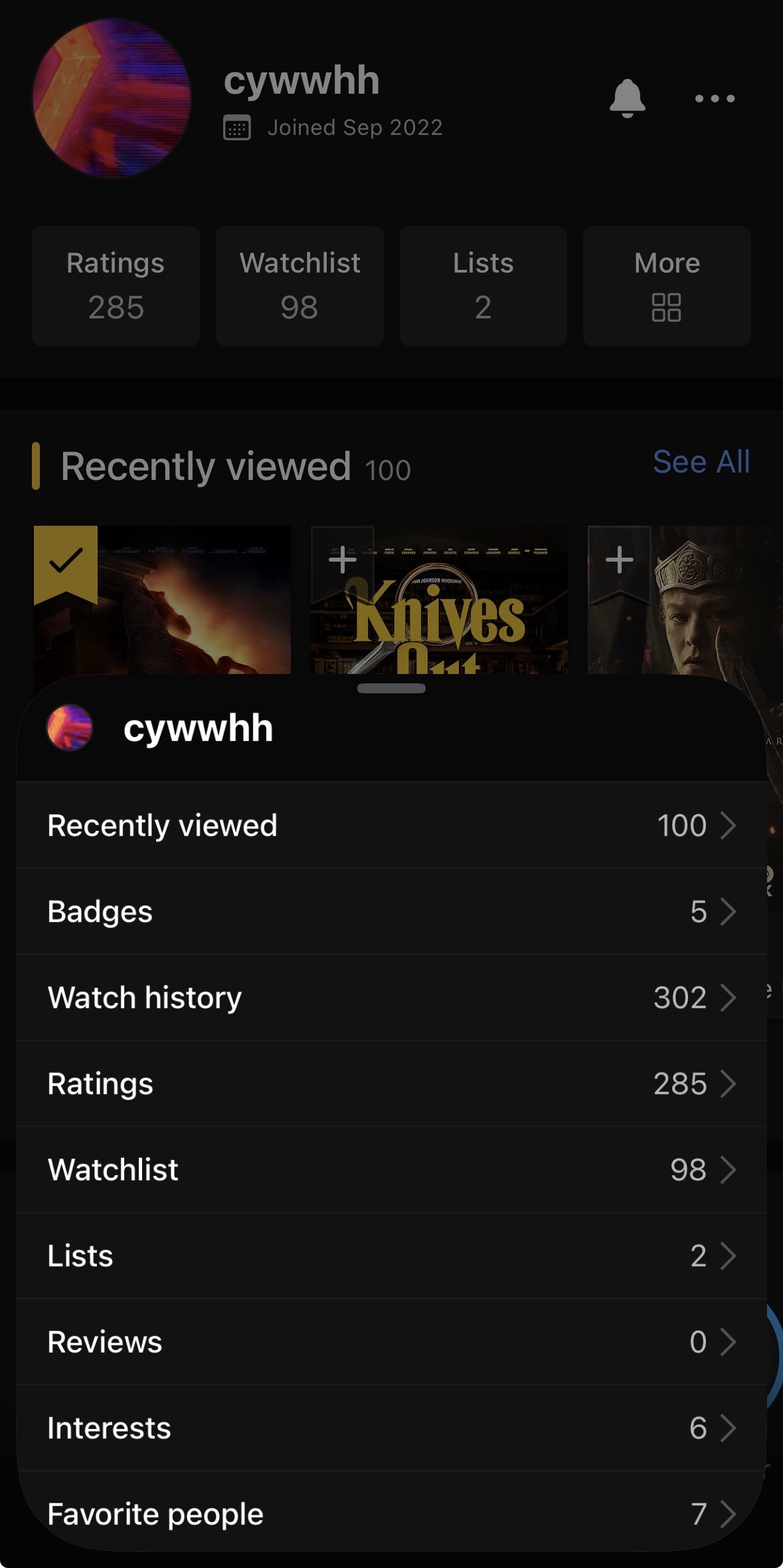 The More sheet, which indexes every section of a profile with its count — recently viewed, badges, watch history, ratings, watchlist, lists, reviews, interests and favorite people