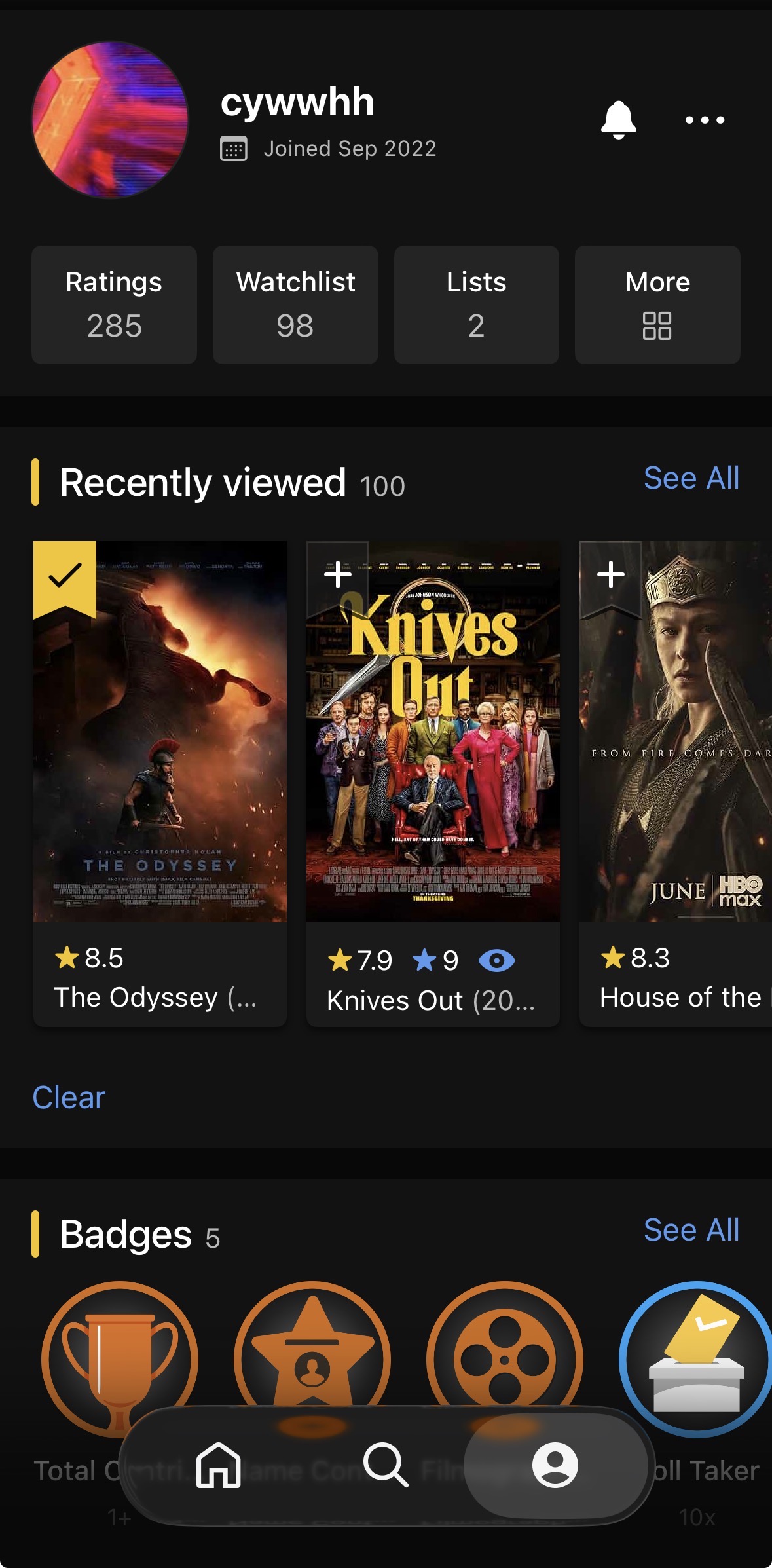 The profile as it opens — avatar, join date, and a row of counts for ratings, watchlist and lists, followed by recently viewed titles and earned badges