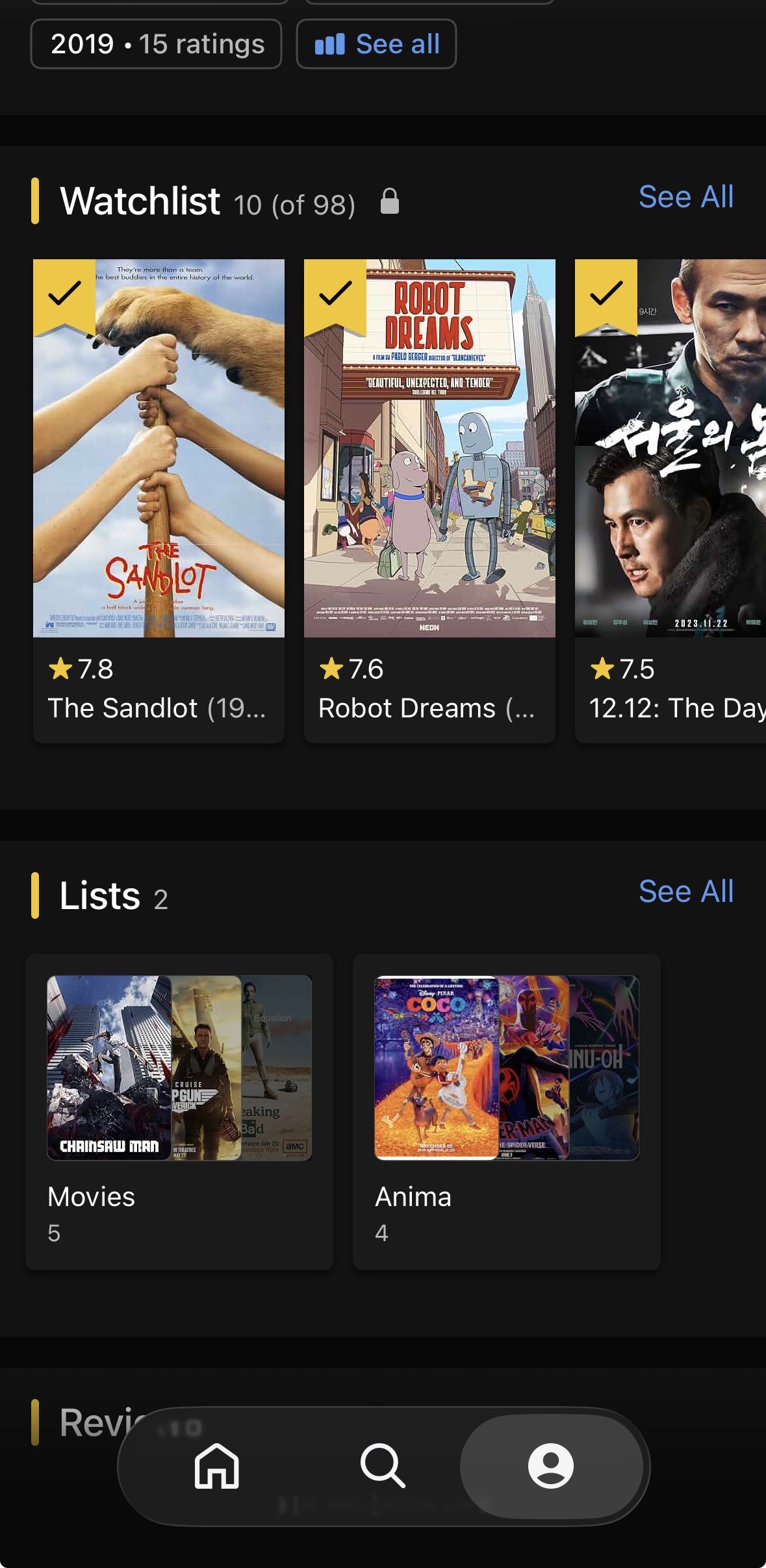 Further down the profile — the watchlist section showing a partial count with a lock icon marking it private, and member-created lists below it