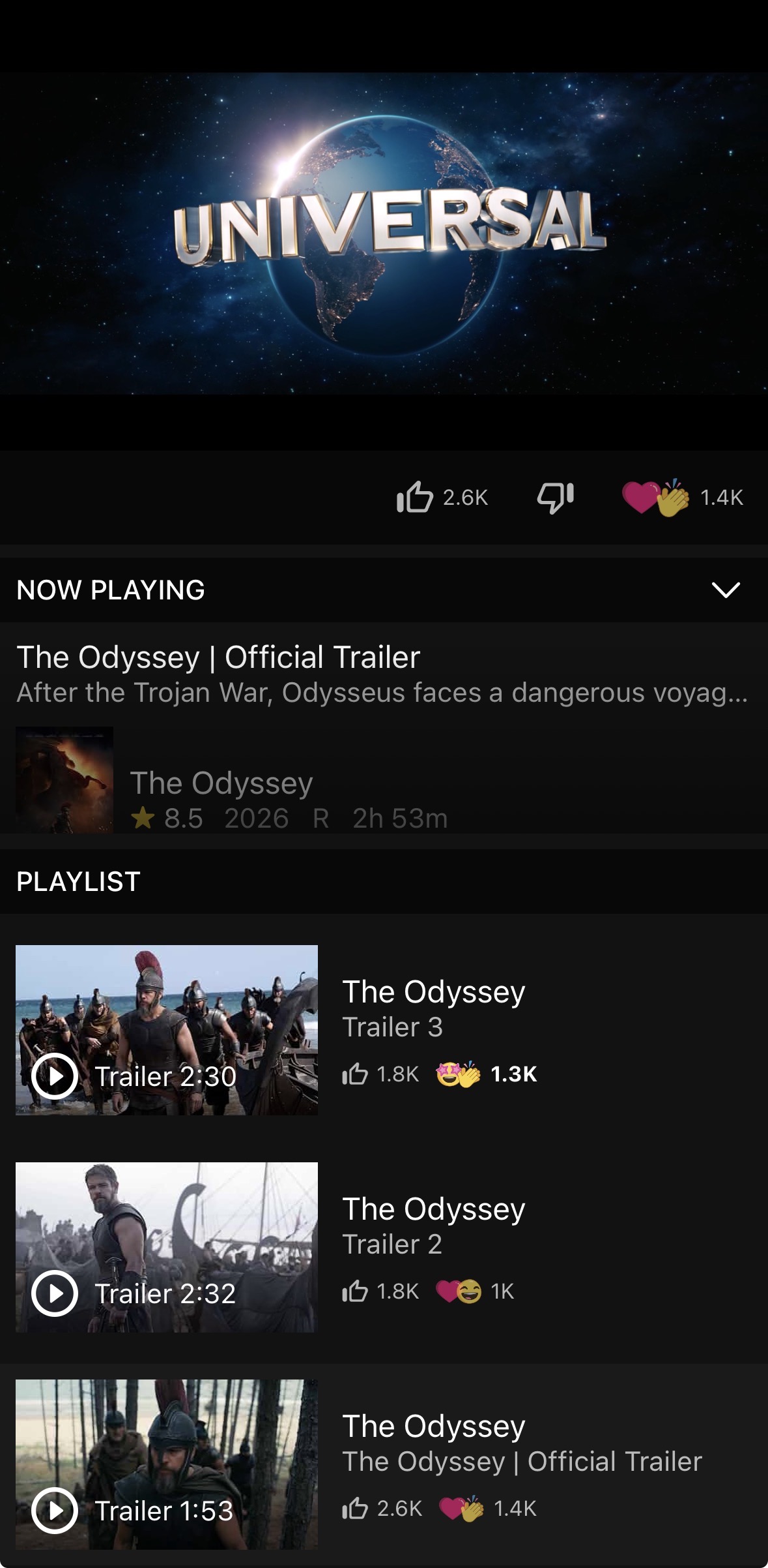 Reactions in the video player — the reaction control sits beside like and dislike below the video, and each row of the playlist below carries its own reaction count