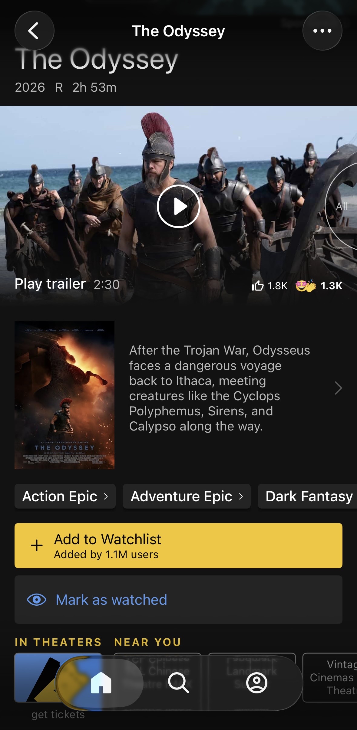 Reactions on the title page — counts sit over the hero trailer alongside the play control, without covering the artwork or the play button