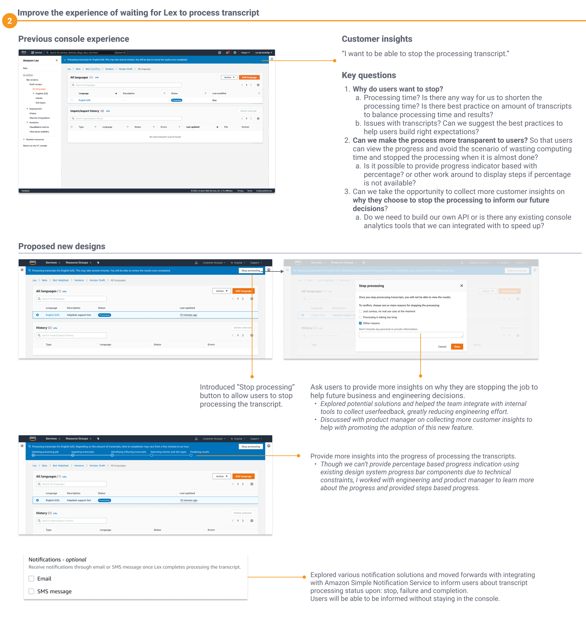 Improving the wait for transcript processing — stop processing action with a reasons dialog, steps-based progress in the banner, and SNS email/SMS notifications