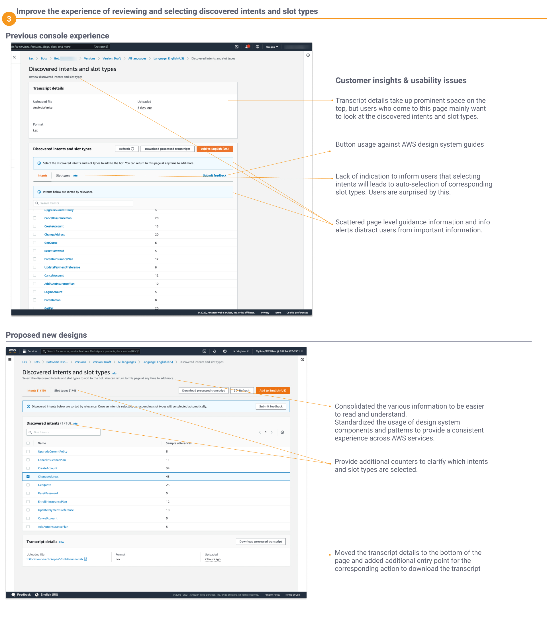 Improving the review and selection of discovered intents and slot types — transcript details moved down, consolidated guidance and selection counters