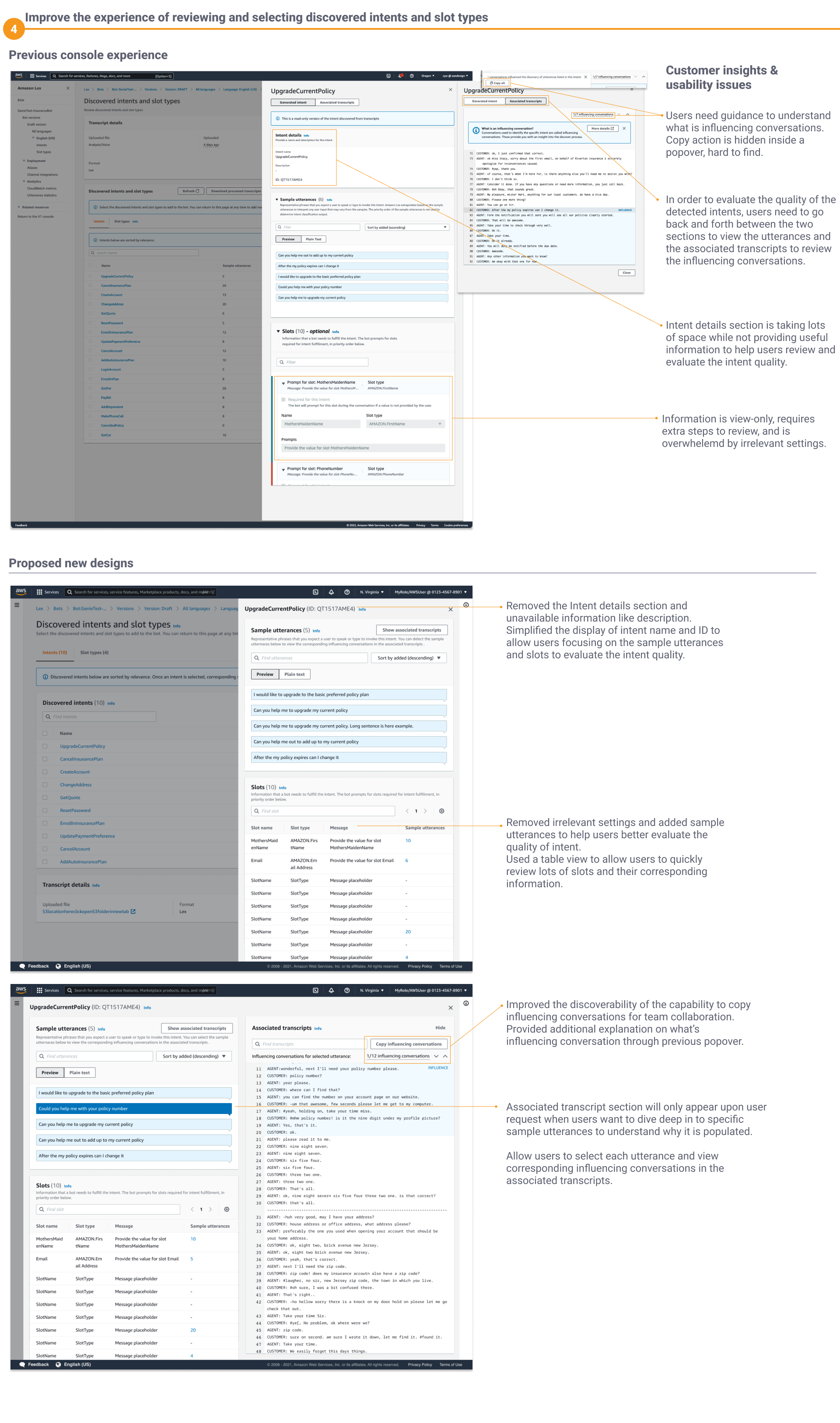 Improving intent quality evaluation — simplified intent display, slots in a table view, and associated transcripts with influencing conversations shown on request