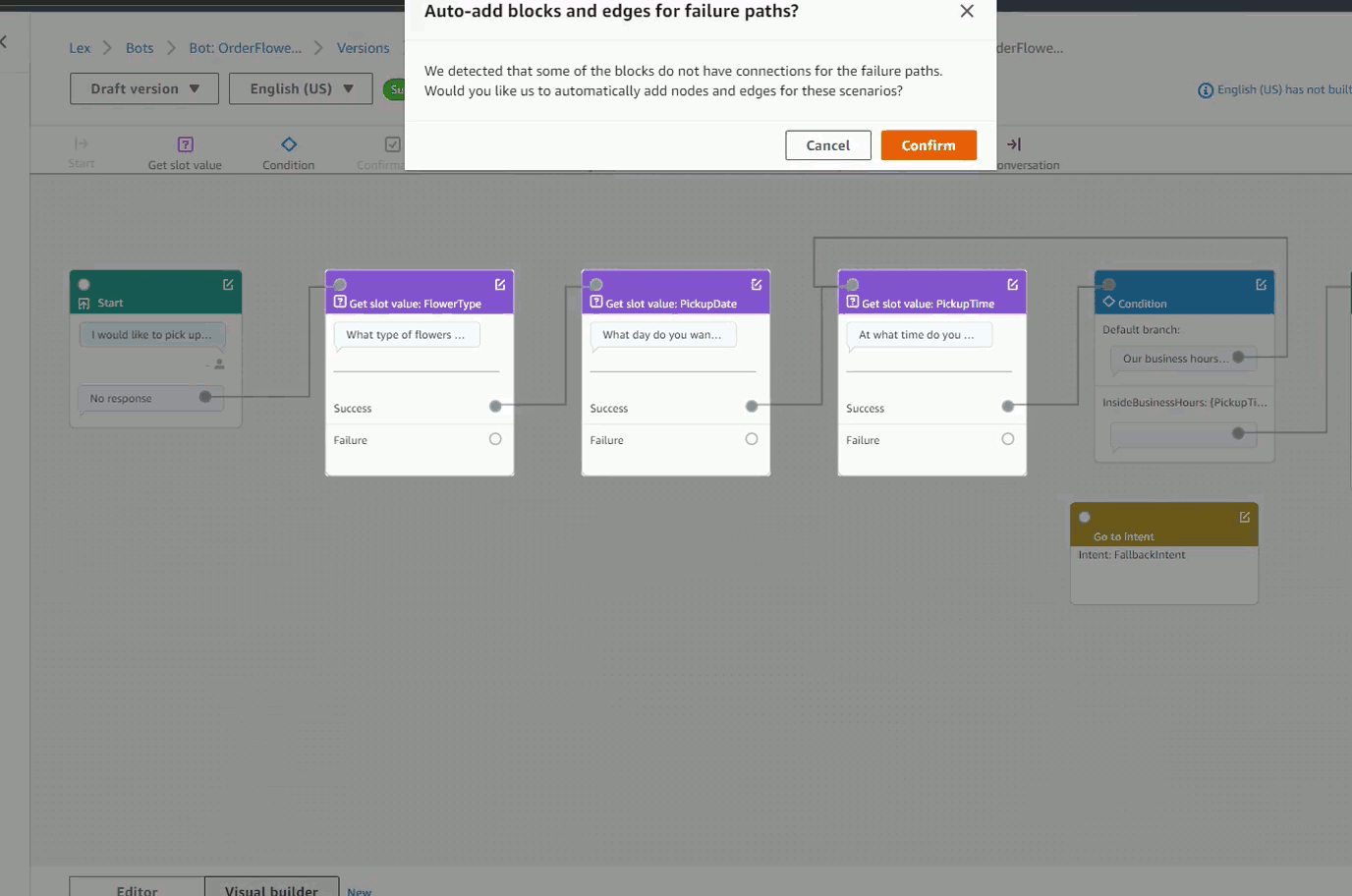 A dialog asking whether to auto-add blocks and edges for failure paths after the builder detects blocks with unconnected failure paths