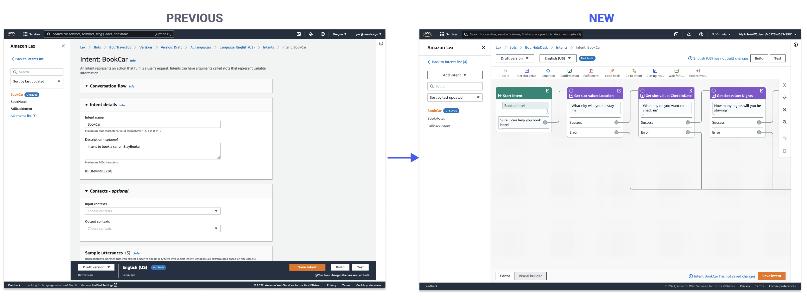 Previous vs new — the configuration-form intent editor compared with the Visual Builder, where the conversation flow is the primary surface on a drag-and-drop canvas