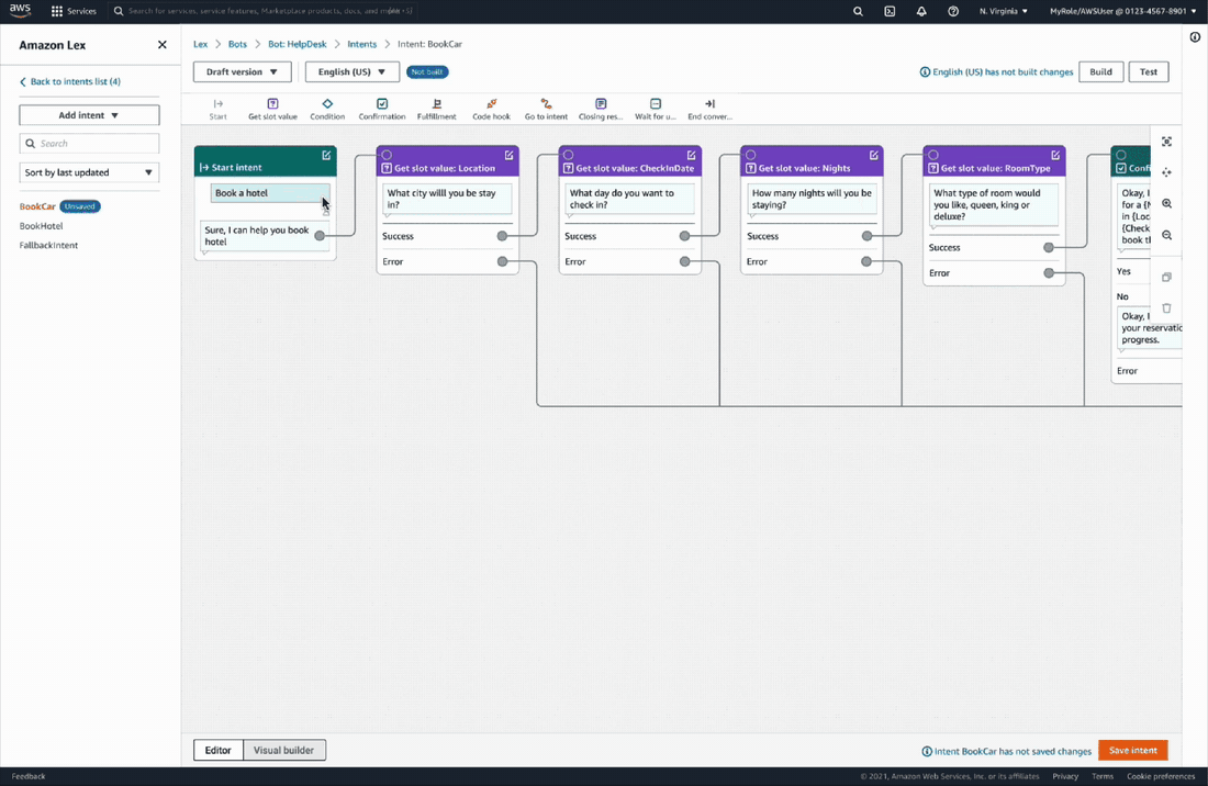 Selecting a block on the canvas opens its configuration in a contextual detail panel