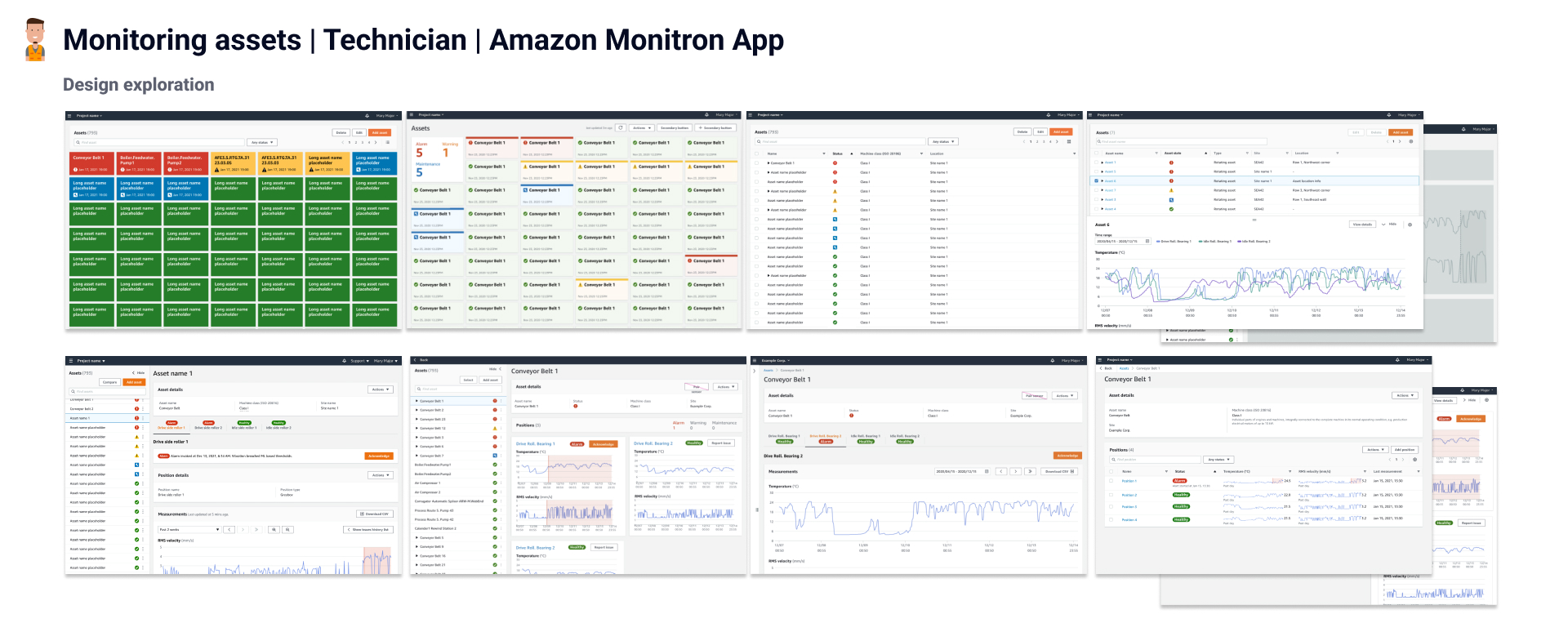 Asset monitoring explorations — card view, table view, split view and TV mode