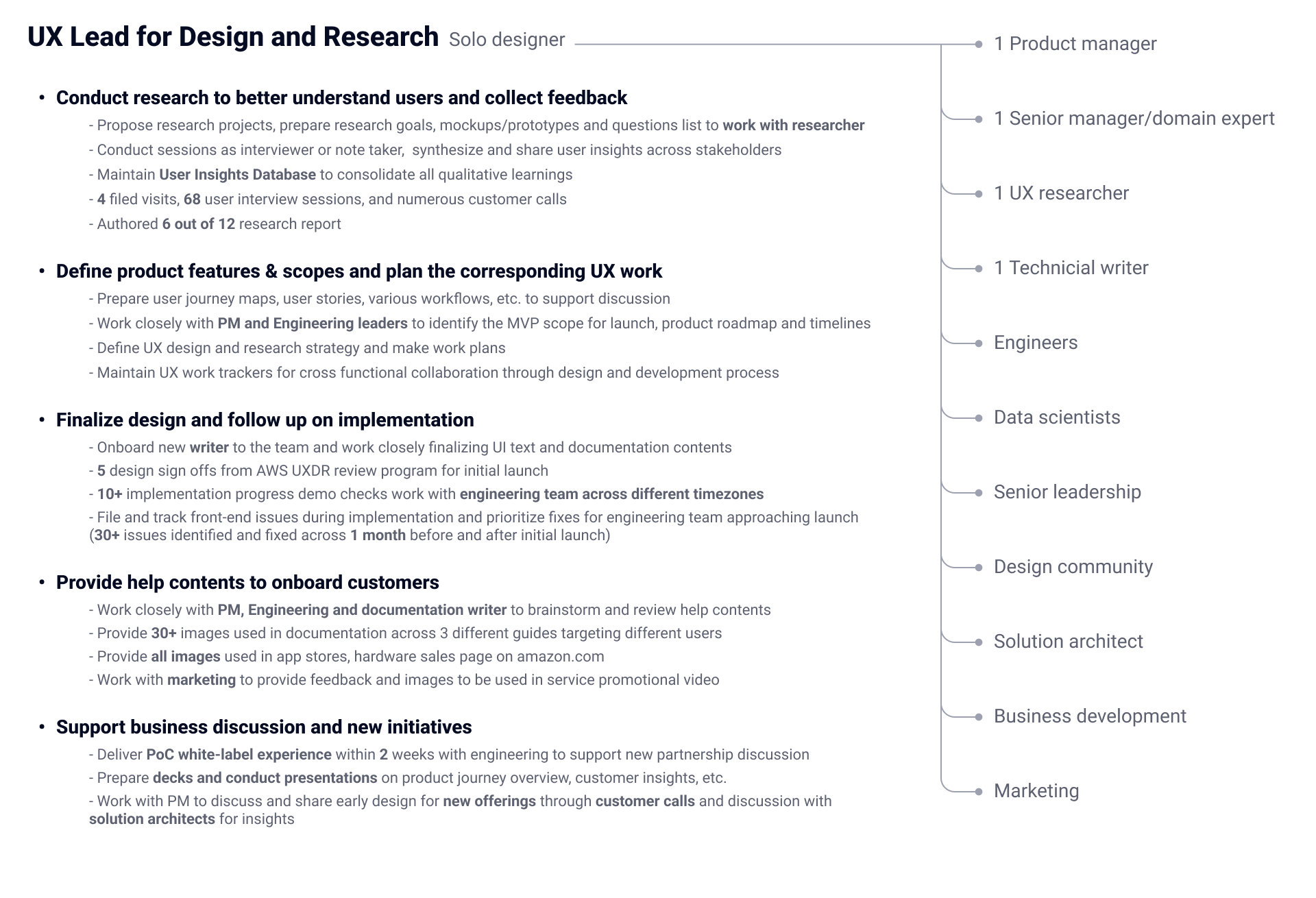 My role and team — UX lead working across product, engineering, science, research and business teams